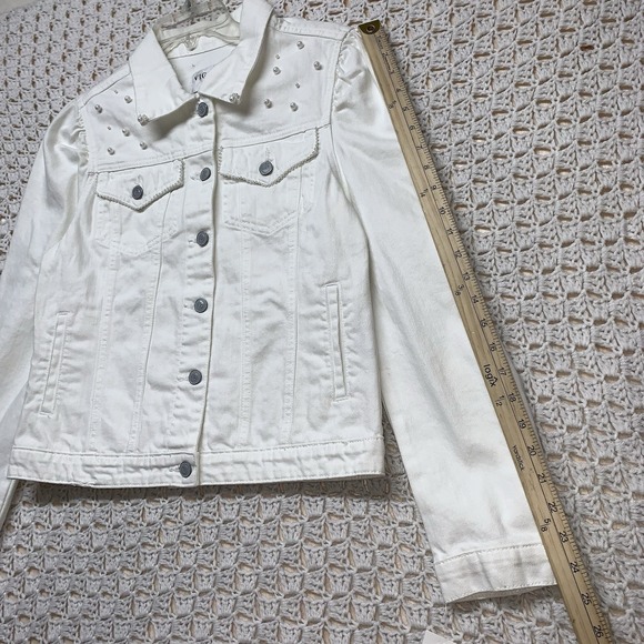 Vigoss Denim Jacket Womens Sz M White‎ Jean Petals Pearl Posy Pockets Western - Picture 10 of 13